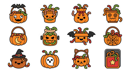 Fototapeta premium Halloween treats are collected in decorated pumpkin baskets and cauldrons with candy.