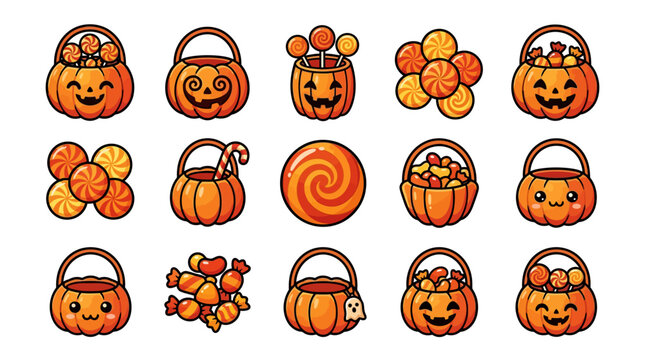 Halloween treats fill carved pumpkin baskets and surround sweet candy on a white background yu 217