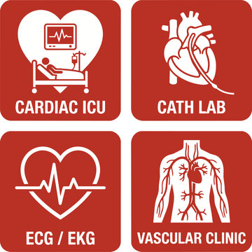 Cardiac department hospital signage icon set, flat vector red signs pack for cardiac icu, cath lab, ecg ekg, and vascular clinic navigation symbols