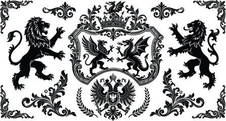Heritage royal emblem bundle with imperial crowns, baroque filigree corners, and mythical beasts vector, luxury vintage coat of arms crest set, ornate shield collection. © Graphiccircle