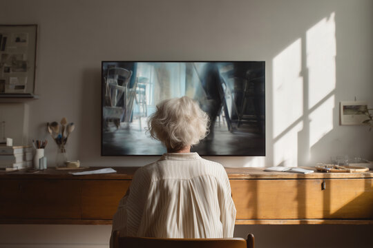 Senior woman creating digital art with artificial intelligence at home. AI generated artwork on screen, home studio.