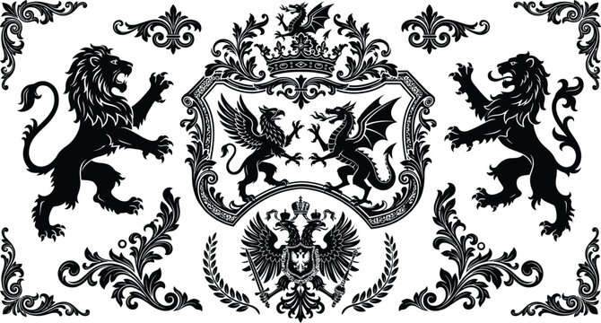 Heritage royal emblem bundle with imperial crowns, baroque filigree corners, and mythical beasts vector, luxury vintage coat of arms crest set, ornate shield collection.