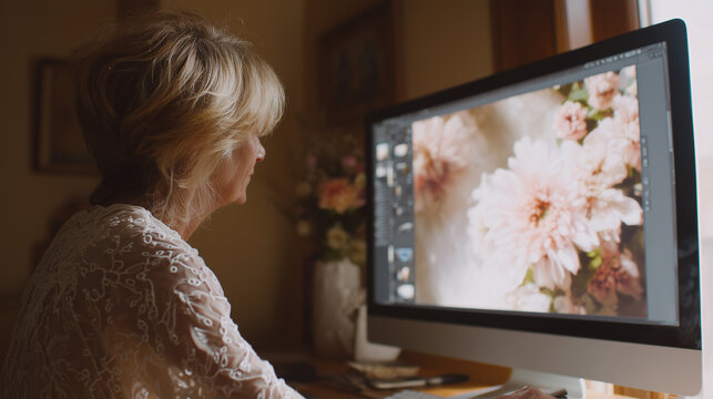 Senior woman creating digital art with artificial intelligence at home. AI generated artwork on screen, home studio.