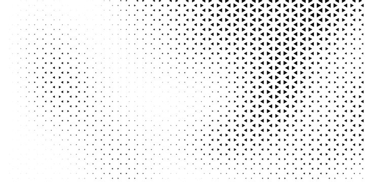Fading triangle halftone texture gradient pattern. Abstract diagonal geometric background. Tech mosaic triangular halfton gradation. Vector vanishing corner arrow wallpaper for banner, booklet, poster