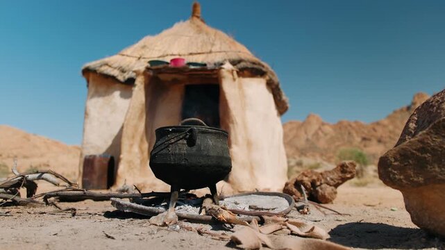 Traditional himba village mud hut with thatched roof and cooking pot over an campfire in the namibian desert