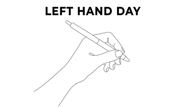 International Left-Handers Day continuous line art animation of a left hand holding a pen on white background.