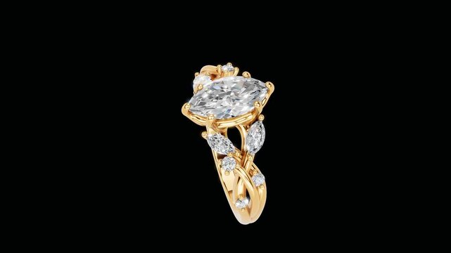 Rotating Gold Marquise Diamond Engagement Ring on Black Background, loop animation