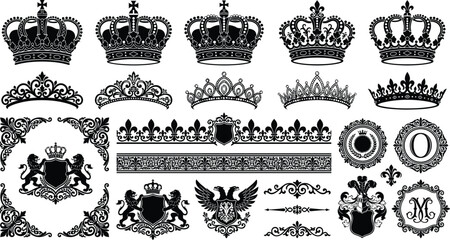 Ornate medieval coat of arms asset collection with shields, tiaras, and lions vector, vintage heraldic crest set, royal empire emblem graphics. © Graphiccircle