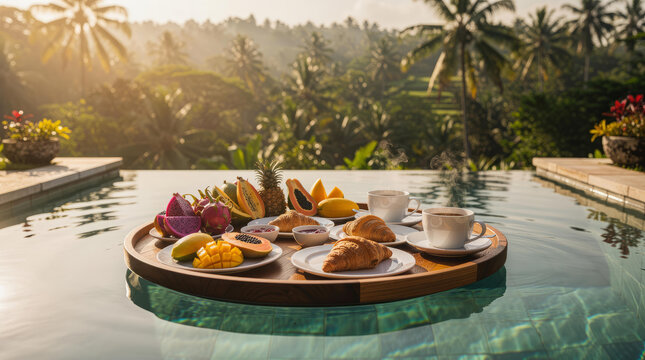 Leisure luxe sensory escapism concept with a floating breakfast tray in an infinity pool, tropical jungle background at sunrise, luxury travel resort marketing content with copy space.