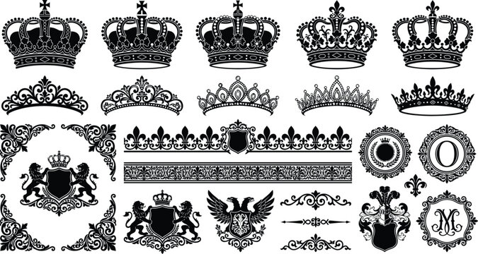 Ornate medieval coat of arms asset collection with shields, tiaras, and lions vector, vintage heraldic crest set, royal empire emblem graphics.