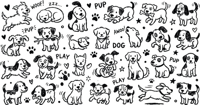 Hand-drawn cartoon dogs doodle vector with adorable monochrome puppy illustration collection, cute pet line art character set, minimalist funny animal sticker.