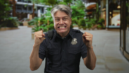 Naklejka premium Police officer man clenches hands into fists near chest, then presses palms together, badge and shoulder radio visible in indoor mall building atrium; celebration relief.
