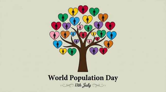 World Population Day conceptual illustration, colorful heart tree with human icons, global community and demographic growth concept for July 11th