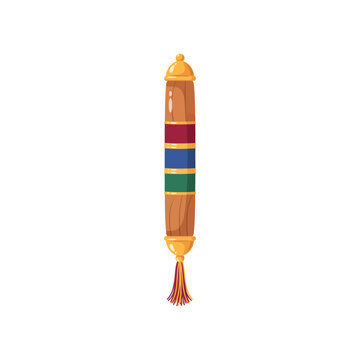 Decorative wooden scroll or torah case with colorful bands and gold tassels isolated on white background, for religious and, cultural concepts