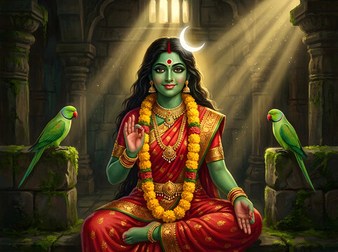 oddess Matangi Devi with Green Complexion, Crescent Moon and Parrots in Ancient Temple, Mahavidya Divine Mother Illustration