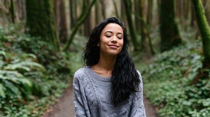 Naklejka premium A group enjoying a mindful nature trail radiating serene smiles and feelings of warmth in a beautiful outdoor setting