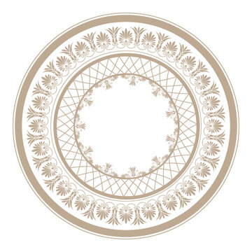Oriental gold vector round frame with arabesques and floral elements. 
Vintage ethnic frame with greek pattern. Round lace frame. Template for laser cutting. For textile, embroidery, plate, porcelain