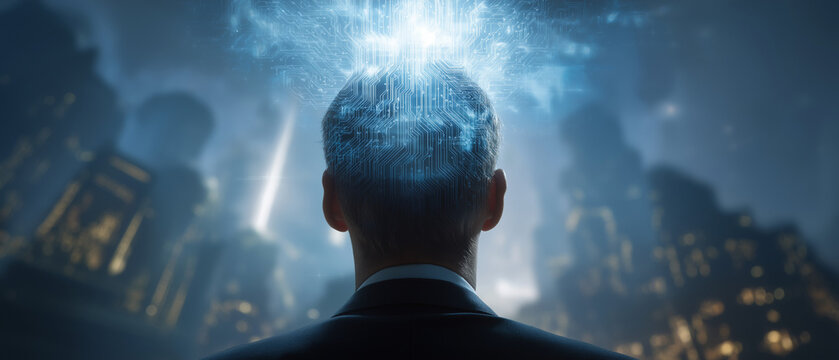 Mind Power Unleashed: A man in a suit stares intensely upwards as a powerful blue energy beam descends onto his head, creating an aura of intellectual might against a city backdrop.