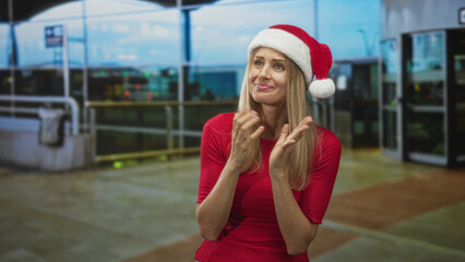 Fototapeta premium Blonde woman wearing a santa hat clasping hands near her chest with a nervous smile at an airport entrance; holiday anxiety.