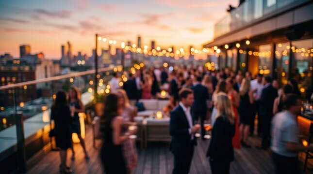Rooftop party networking sunset city skyline bokeh background luxury lifestyle nightlife gathering event