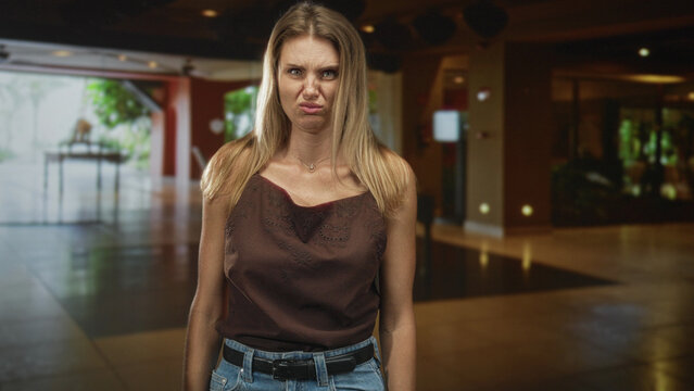Woman in denim and brown top with necklace purses lips and grimaces while standing in a hotel lobby building near a shiny floor and plants; disgust.