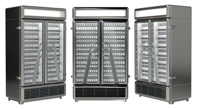 Retail metal refrigerated display cabinets of small drinking bottles and blank labels, double glass door, and polished stainless steel frame. 3d illustration isolated on white