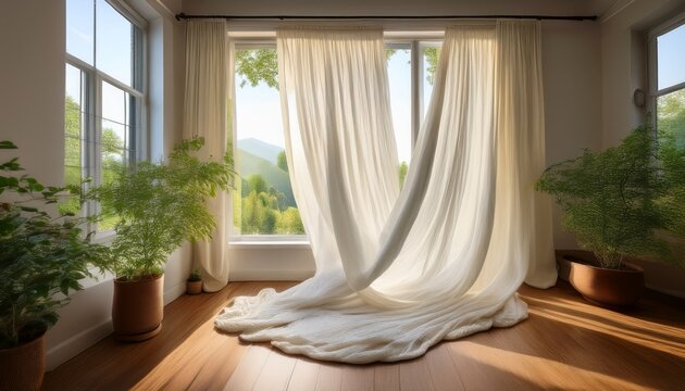 a temporary white curtain hangs in front of a window gently swaying in the breeze the soft fabric partially obscures the view outside adding a touch of privacy to the room
