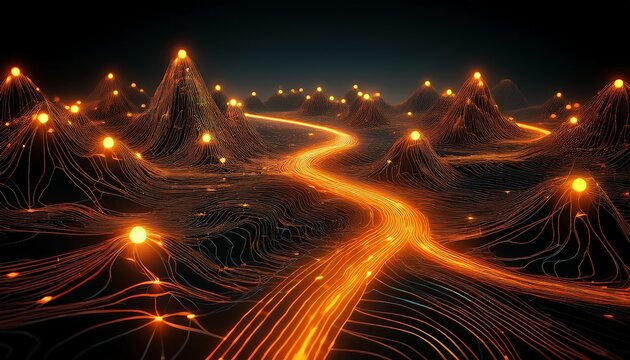 abstract 3d terrain with orange path connecting glowing waypoints digital topographic landscape shows mountainous route for navigation and planning futuristic journey ahead