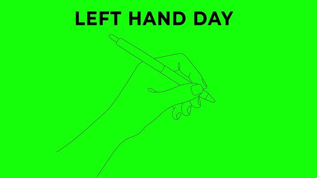 International Left-Handers Day continuous line art animation of a left hand holding a pen on green screen.
