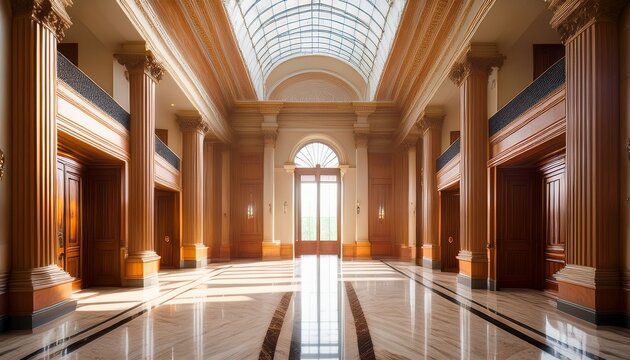 elegant empty courthouse hall with large wood doors and windows natural light illuminates polished marble floor reflecting sunlight architectural interior space with arches and columns