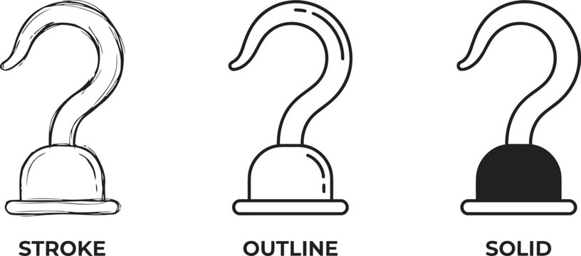 Set of pirate hook icons in stroke, outline, and solid styles