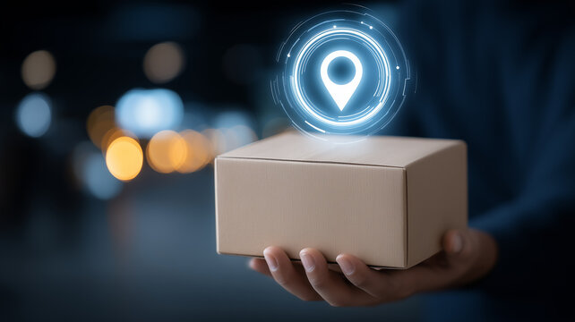 Hand holding a package with a location pin icon, symbolizing delivery tracking, logistics coordination, and destination based service.
