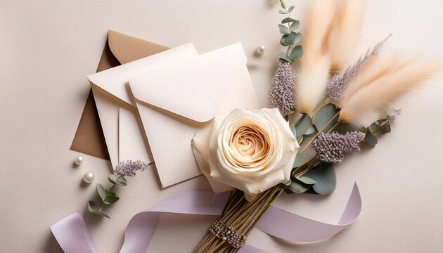 stack of cream envelopes and cards decorated with lavender rose eucalyptus and pampas grass minimalist stationery flat lay with pearl detail suggests wedding