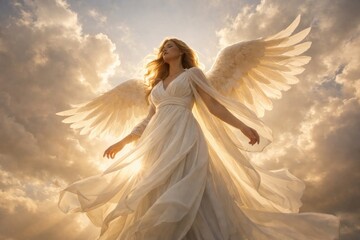 Naklejka premium Ethereal angelic figure amidst clouds.