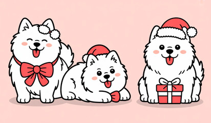 Three cartoon husky dogs sitting together wearing festive holiday hats Vector © MST SUETI