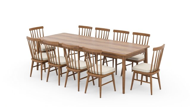 Large wooden dining table with ten spindle chairs featuring light fabric cushions on white background