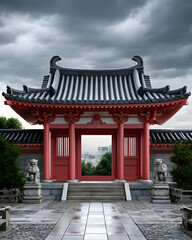 Fototapeta premium Traditional Curved Roof Temple Gate with Guardian Statues Under Dramatic Clouds and Urban Background