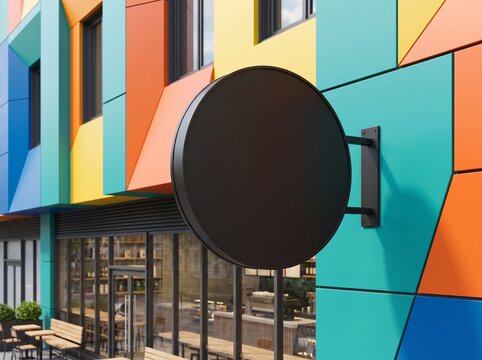 Black Round Wall Signage Mockup on Colorful Geometric Building Facade