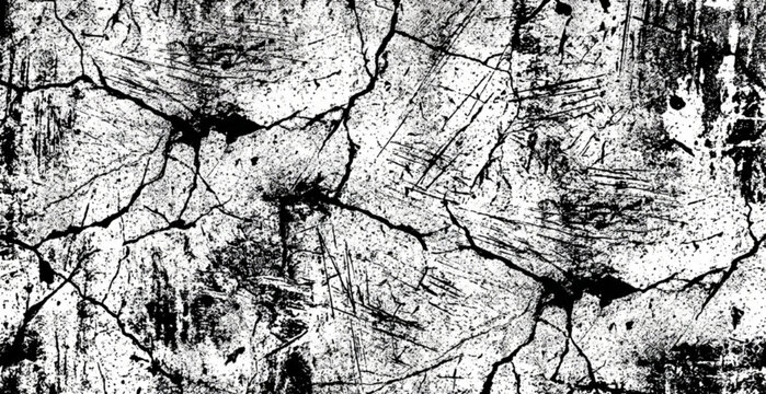A seamless vector grunge texture pattern featuring distressed black and white surface details including cracks, chips, scratches, scuffs, dust particles, worn edges, rough abrasions, and weathered imp