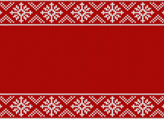 Fototapeta premium Christmas red ugly sweater knitted background with white ornament and copy space in the middle. Vector design. 