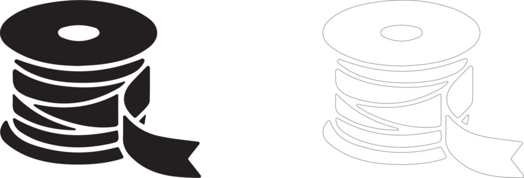 Tape spool icon, trimming ribbon bobbin symbol, edging coil material and textile manufacturing.