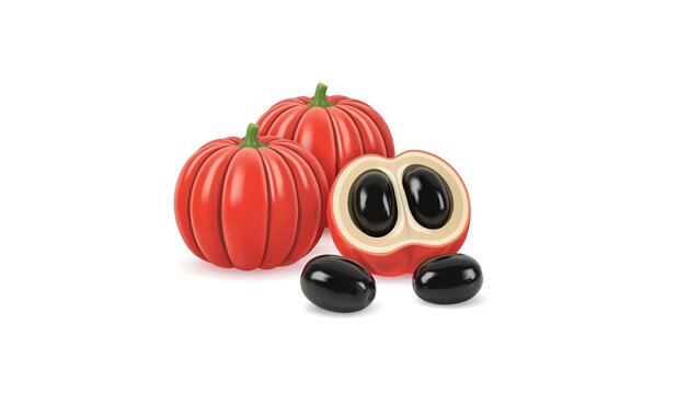 Group of fresh red pitomba fruits with dark black seeds displayed isolated on white background