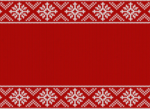 Christmas red ugly sweater knitted background with white ornament and copy space in the middle. Vector design. 