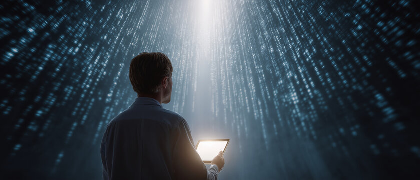 Digital Descent: A man gazes into a cascade of glowing binary code, holding a tablet, suggesting a profound engagement with data and technology's vast possibilities.