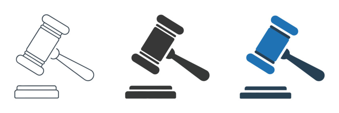 judge gavel icon vector collection in outline and solid style, legal and justice design set for court branding, law office graphics and judicial symbols, professional editable vector illustration isol