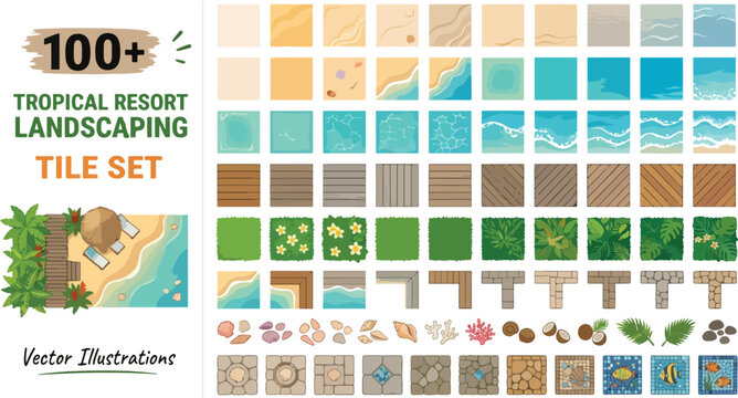 Tropical resort landscaping tile set, 100+ beach and pool map creator elements, summer vacation game assets vector
