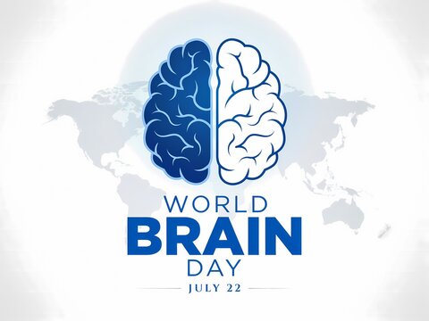 World brain day awareness poster with a stylized brain illustration and global map background