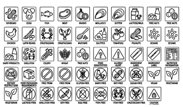 Editable food allergy icons collection with ingredient allergen and nutrition symbols