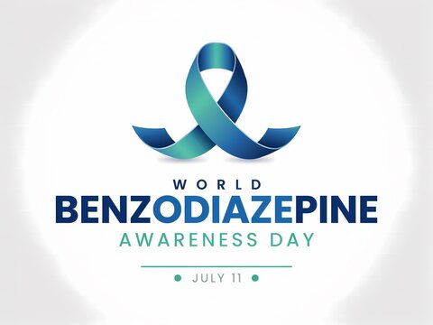 World benzodiazepine awareness day graphic with blue ribbon isolated on white background