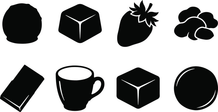 Chocolate and sweet candy icon set featuring praline truffles chocolate bar coffee cup strawberry and sugar cubes